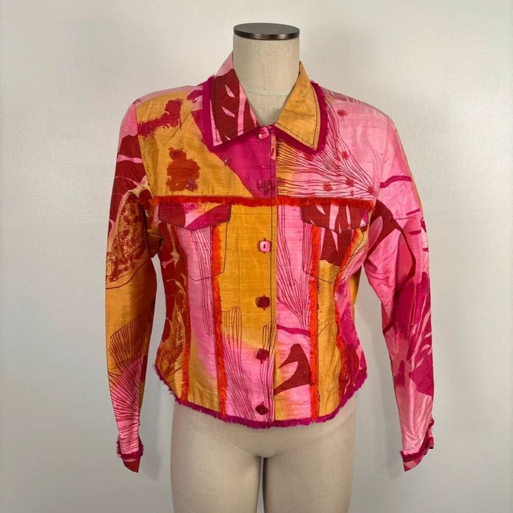 VTG Y2K Sandy Starkman Silk Art To Wear Jacket L Pink Orange Raw Fringe Boho